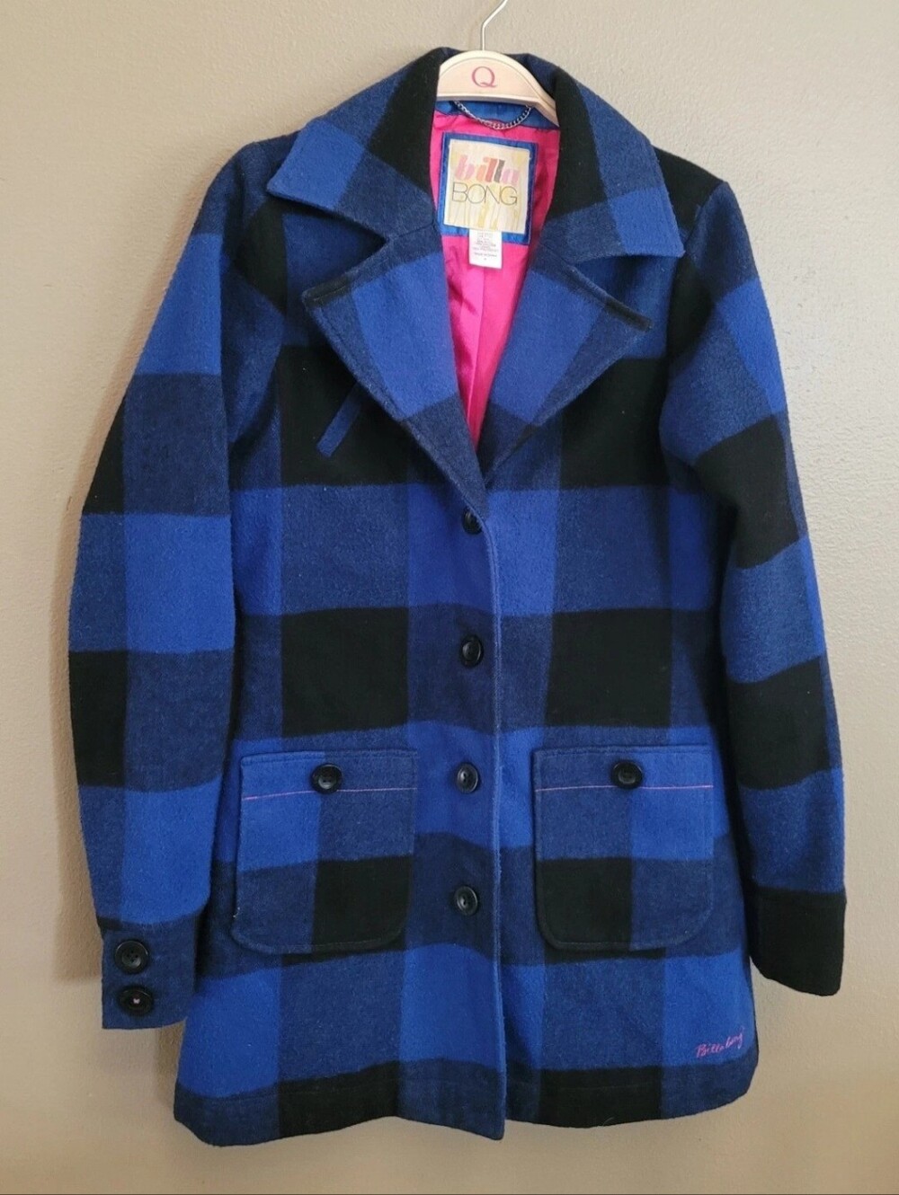 Billabong Blue and Black Plaid Wool Coat Button Up Pink Lining Size M